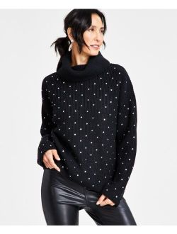 Women's Metallic-Knit Studded Turtleneck Sweater, Created for Macy's