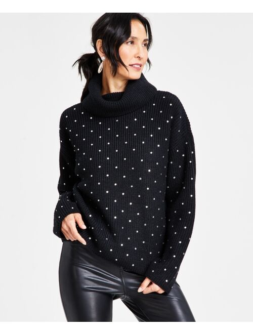 INC International Concepts I.N.C. International Concepts Women's Metallic-Knit Studded Turtleneck Sweater, Created for Macy's