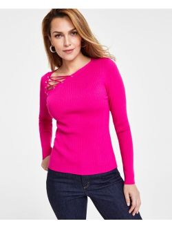 Women's Asymmetric-Lace-Up-Neck Sweater, Created for Macy's