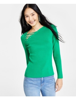 Women's Asymmetric-Lace-Up-Neck Sweater, Created for Macy's