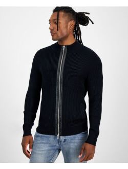 Men's Silas Regular-Fit Ribbed-Knit Full-Zip Mock Neck Cardigan with Faux-Leather Trim, Created for Macy's