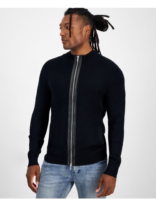 INC International Concepts I.N.C. International Concepts Men's Silas Regular-Fit Ribbed-Knit Full-Zip Mock Neck Cardigan with Faux-Leather Trim, Created for Macy's