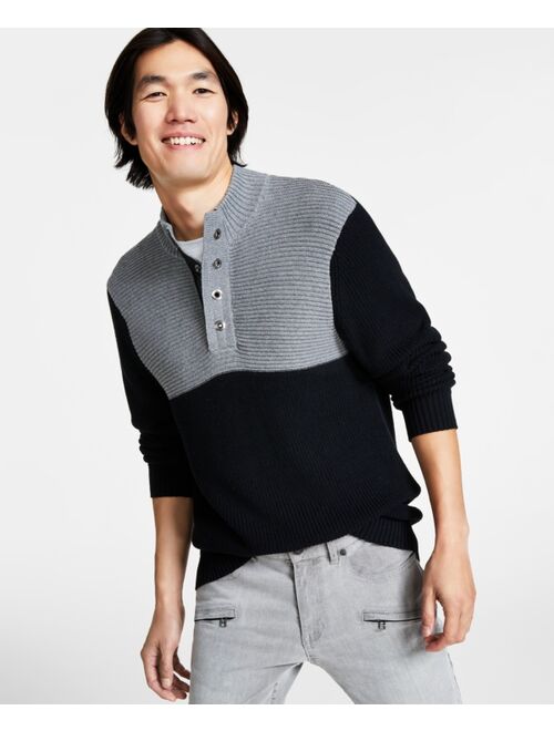 INC International Concepts I.N.C. International Concepts Men's Regular-Fit Colorblocked Textured 1/4-Snap Mock-Neck Sweater, Created for Macy's