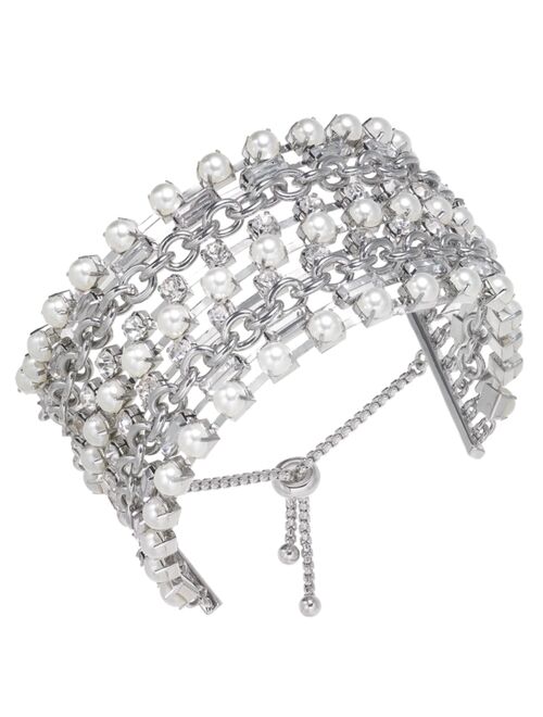 INC International Concepts I.N.C. International Concepts Silver-Tone Crystal & Imitation Pearl Statement Slider Bracelet, Created for Macy's