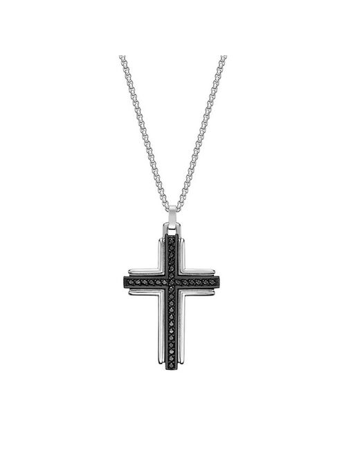 Men's LYNX Stainless Steel & Black Agate Cross Pendant Necklace
