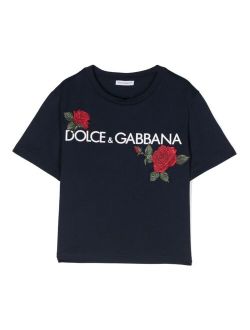 Kids logo-print rose-appliqu T-shirt