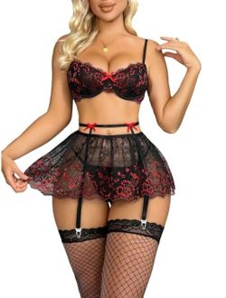 Women's Heart Lace Bow Cheeky Thong Exotic Garter Lingerie Set with Stockings