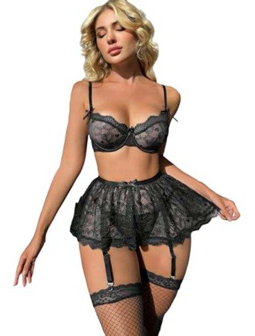 WDIRARA Women's Heart Lace Bow Cheeky Thong Exotic Garter Lingerie Set with Stockings