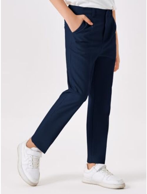 Batermoon Boys Elastic Waist Dress Pants Kids Slim Fit Straight Suit Pants Uniform Trousers with Pockets