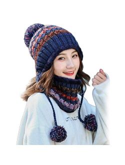 Huamulan Women Winter Beanie Hat Peruvian Circle Scarf Set Ski Ear Flaps Caps Dual Layered Fleece Lined Pompoms
