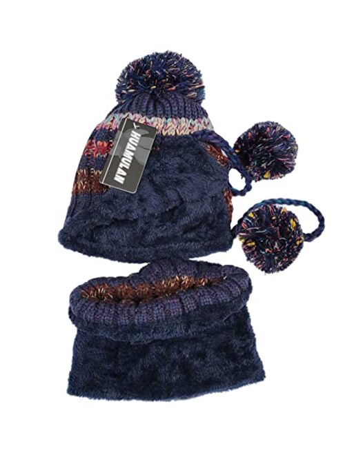 Huamulan Women Winter Beanie Hat Peruvian Circle Scarf Set Ski Ear Flaps Caps Dual Layered Fleece Lined Pompoms