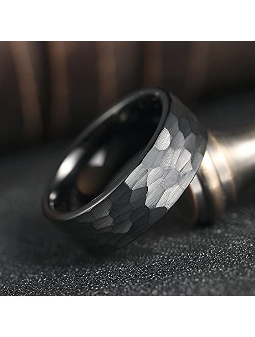 King Will 8mm Black/Rose Gold/Silver/Gold Tungsten Carbide Ring Inner Hole Inlaid Wood Hammered Texture Flat Style