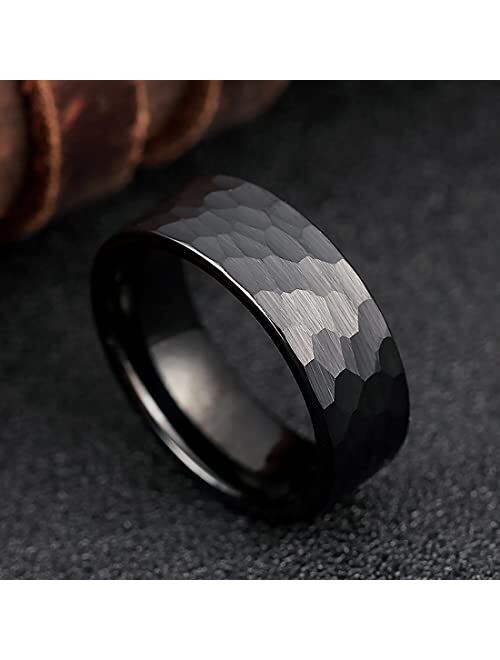 King Will 8mm Black/Rose Gold/Silver/Gold Tungsten Carbide Ring Inner Hole Inlaid Wood Hammered Texture Flat Style
