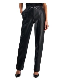 Women's High-Rise Belted Faux-Leather Pants, Created for Macy's