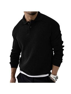 Angeun Mens Long Sleeve Polo Sweater Casual Quarter Button Up Lapel Collar Fall Winter Tops for Men