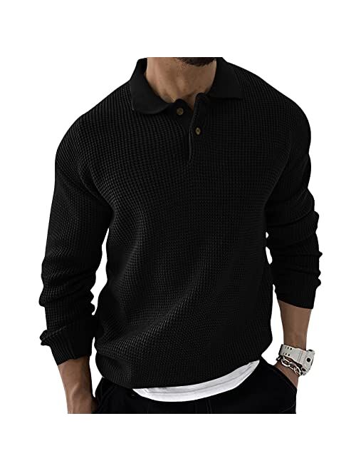 Angeun Mens Long Sleeve Polo Sweater Casual Quarter Button Up Lapel Collar Fall Winter Tops for Men