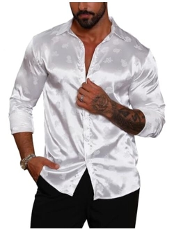 URRU Men's Silk Satin Dress Shirt Jacquard Button Up Shirts Slim Fit Long Sleeve Fashion Casual Shirts