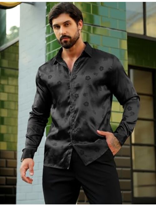 URRU Men's Silk Satin Dress Shirt Jacquard Button Up Shirts Slim Fit Long Sleeve Fashion Casual Shirts