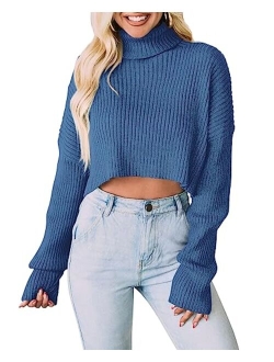 Women's 2023 Fall Winter Turtleneck Cropped Sweater Causal Ribbed Knit Long Sleeve Pullover Jumper Tops