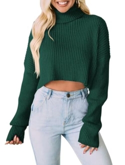 Women's 2023 Fall Winter Turtleneck Cropped Sweater Causal Ribbed Knit Long Sleeve Pullover Jumper Tops