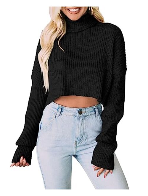 PRETTYGARDEN Women's 2023 Fall Winter Turtleneck Cropped Sweater Causal Ribbed Knit Long Sleeve Pullover Jumper Tops