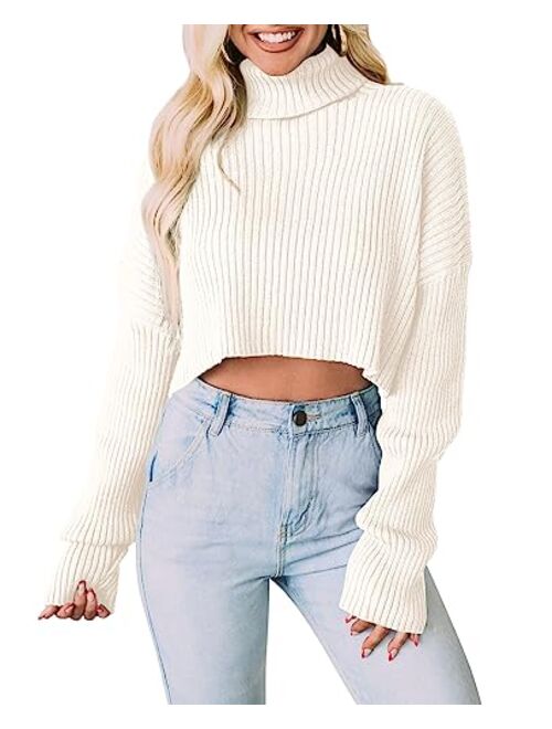 PRETTYGARDEN Women's 2023 Fall Winter Turtleneck Cropped Sweater Causal Ribbed Knit Long Sleeve Pullover Jumper Tops