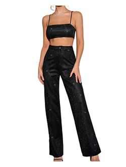 Colysmo Women's Two Piece Outfit Sparkle Sequin Sleeveless Cami Crop Top Bling Glitter High Waist Straight Wide Leg Pants Set