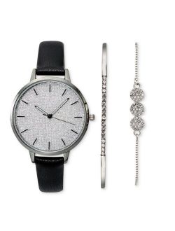 Women's Black Strap Watch 39mm Gift Set, Created for Macy's