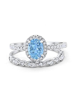 Blue Apple Co. Halo 2-Piece Art Deco Wedding Engagement Bridal Set Ring Band Oval Round Simulated Cubic Zirconia 925 Sterling Silver Choose Color