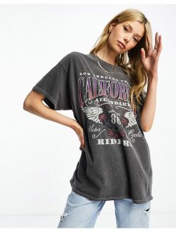 oversized graphic print band T-shirt in charcoal