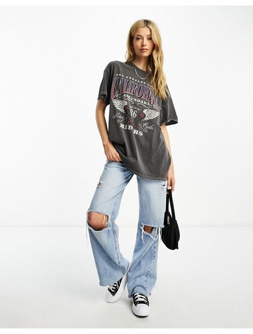 Miss Selfridge oversized graphic print band T-shirt in charcoal