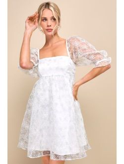 Divinely Dreamy White Floral Embroidered Babydoll Mini Dress