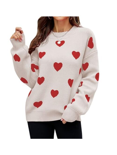 Luckinbaby Women's Cute Heart Sweater Love Print Valentines Day Knitted Top Casual Crewneck Long Sleeve Sweaters Pullover