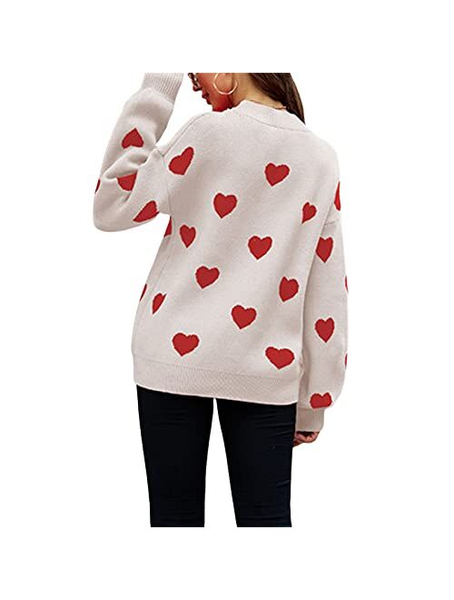 Luckinbaby Women's Cute Heart Sweater Love Print Valentines Day Knitted Top Casual Crewneck Long Sleeve Sweaters Pullover