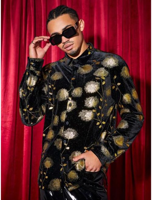 Shein Manfinity AFTRDRK Men'S Knitted Gold Printing Plant Pattern Casual Long Sleeve Shirt