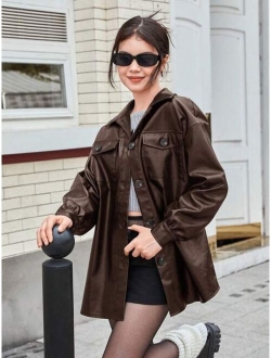 Teen Girl Flap Pocket Drop Shoulder PU Leather Coat