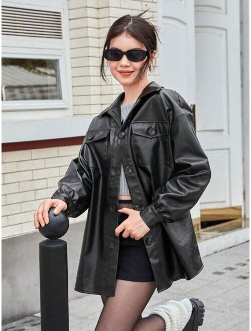 SHEIN Teen Girl Flap Pocket Drop Shoulder PU Leather Coat