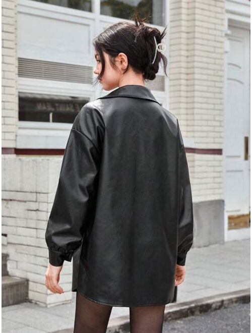 SHEIN Teen Girl Flap Pocket Drop Shoulder PU Leather Coat