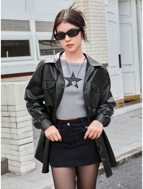 SHEIN Teen Girl Flap Pocket Drop Shoulder PU Leather Coat