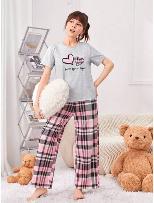 SHEIN Teen Girls' Knitted Heart Pattern T-shirt And Plaid Pants Home Outfit Set