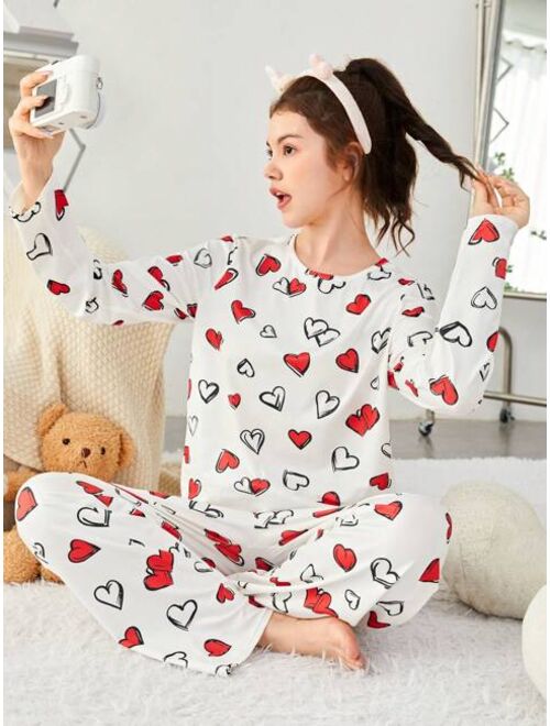 SHEIN Girls' Knit Heart Pattern T-shirt And Long Pants Pajama Set