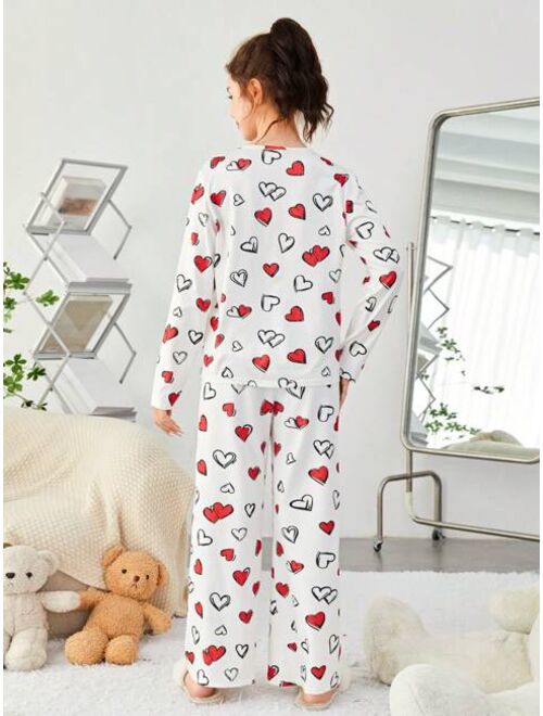 SHEIN Girls' Knit Heart Pattern T-shirt And Long Pants Pajama Set