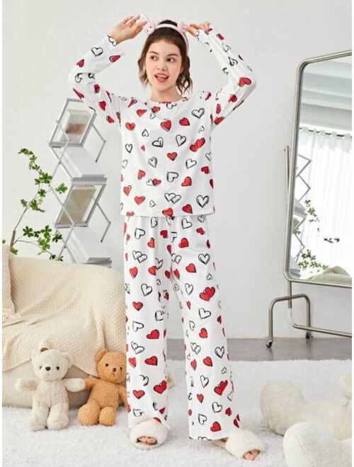 SHEIN Girls' Knit Heart Pattern T-shirt And Long Pants Pajama Set