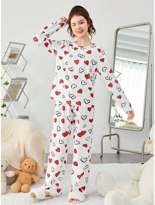 SHEIN Girls' Knit Heart Pattern T-shirt And Long Pants Pajama Set