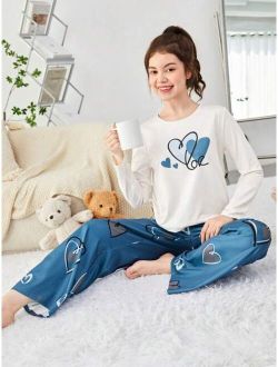 Teenage Girls' Knitted Heart Pattern T-shirt And Long Pants Homewear