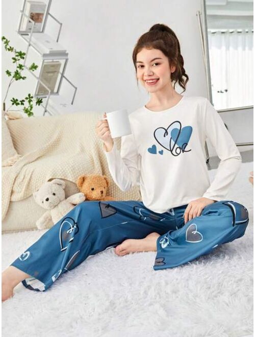 SHEIN Teenage Girls' Knitted Heart Pattern T-shirt And Long Pants Homewear