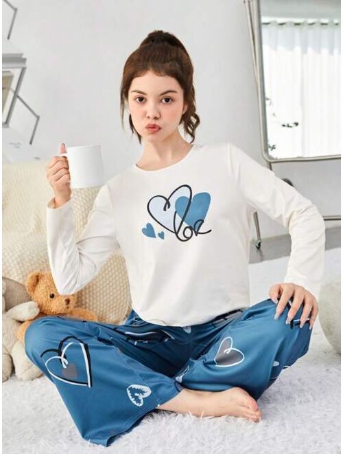 SHEIN Teenage Girls' Knitted Heart Pattern T-shirt And Long Pants Homewear