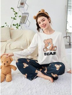Teen Girls' Knitted Teddy Bear Pattern T-shirt And Long Pants Pajama Set
