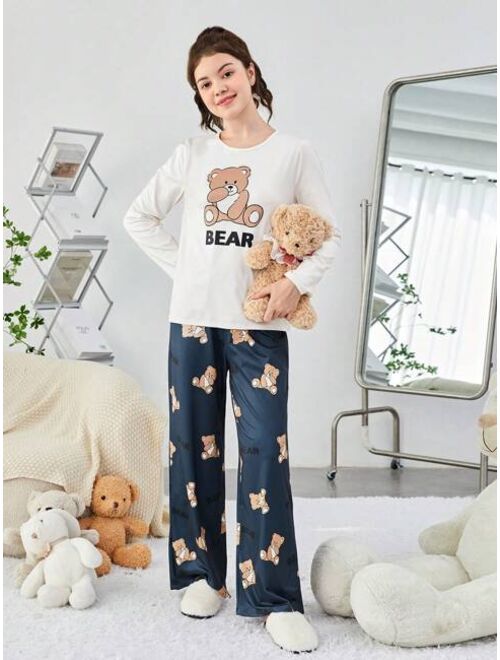 SHEIN Teen Girls' Knitted Teddy Bear Pattern T-shirt And Long Pants Pajama Set