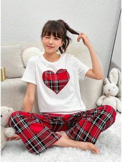 Teen Girl Plaid & Heart Print PJ Set